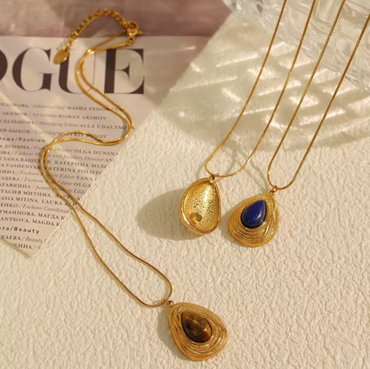 Retro Style Natural Stone Necklace and Earrings Studs - 18K Gold PVD Plated Stainless Steel