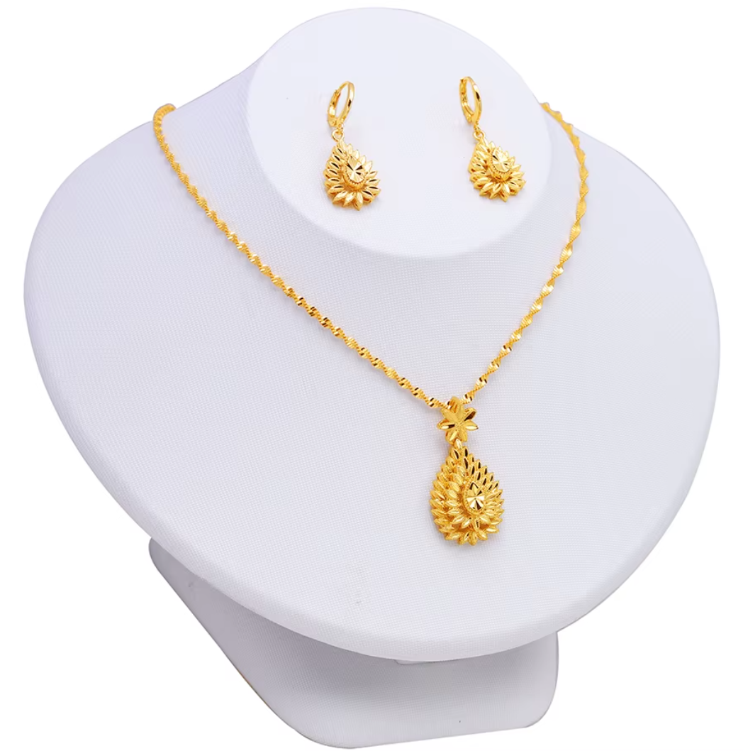 Trendy Women's  Necklace Pendant & Earrings Jewelry Set - 22k Gold Plated Brass