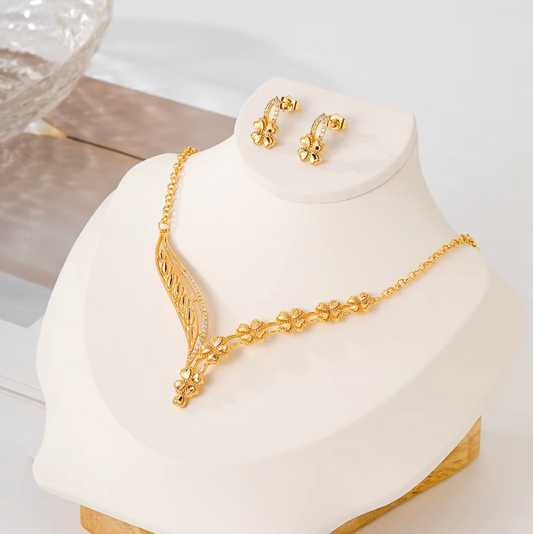 Classic Trendy Necklace & Earrings Set - 18k Gold Plated Brass Jewelry