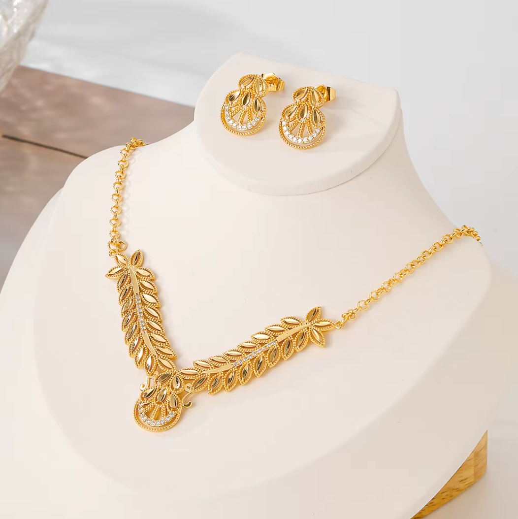 Classic Trendy Necklace & Earrings Set - 18k Gold Plated Brass Jewelry