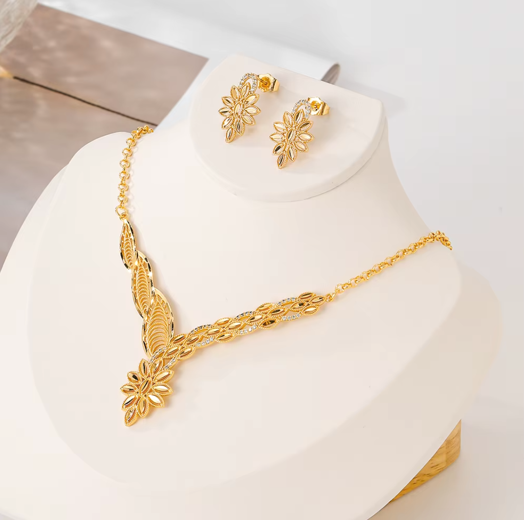 Classic Trendy Necklace & Earrings Set - 18k Gold Plated Brass Jewelry