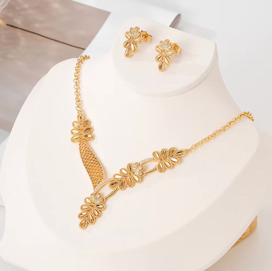 Classic Trendy Necklace & Earrings Set - 18k Gold Plated Brass Jewelry