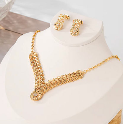 Classic Trendy Necklace & Earrings Set - 18k Gold Plated Brass Jewelry