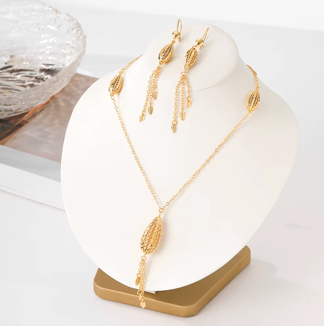 Classic Trendy Necklace & Earrings Set - 18k Gold Plated Brass Jewelry