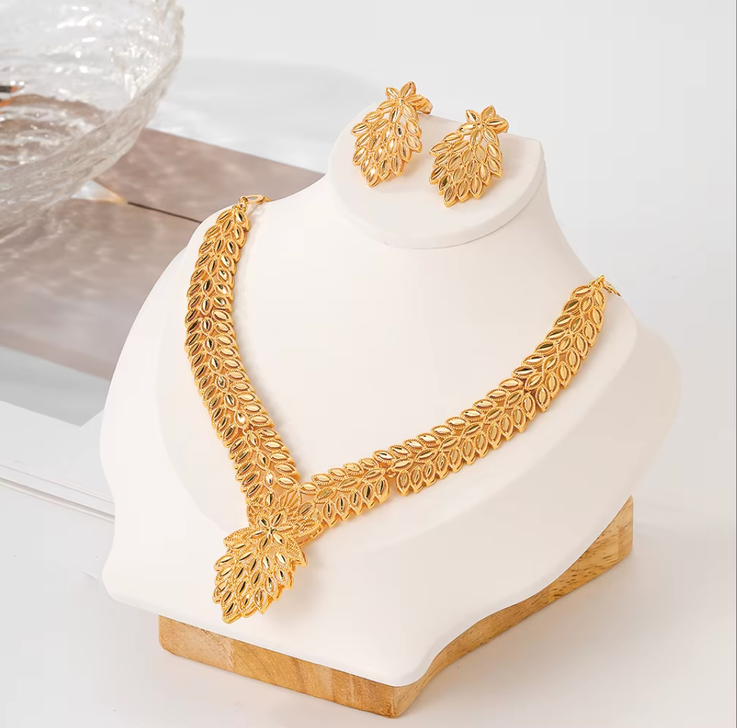 Classic Trendy Necklace & Earrings Set - 18k Gold Plated Brass Jewelry