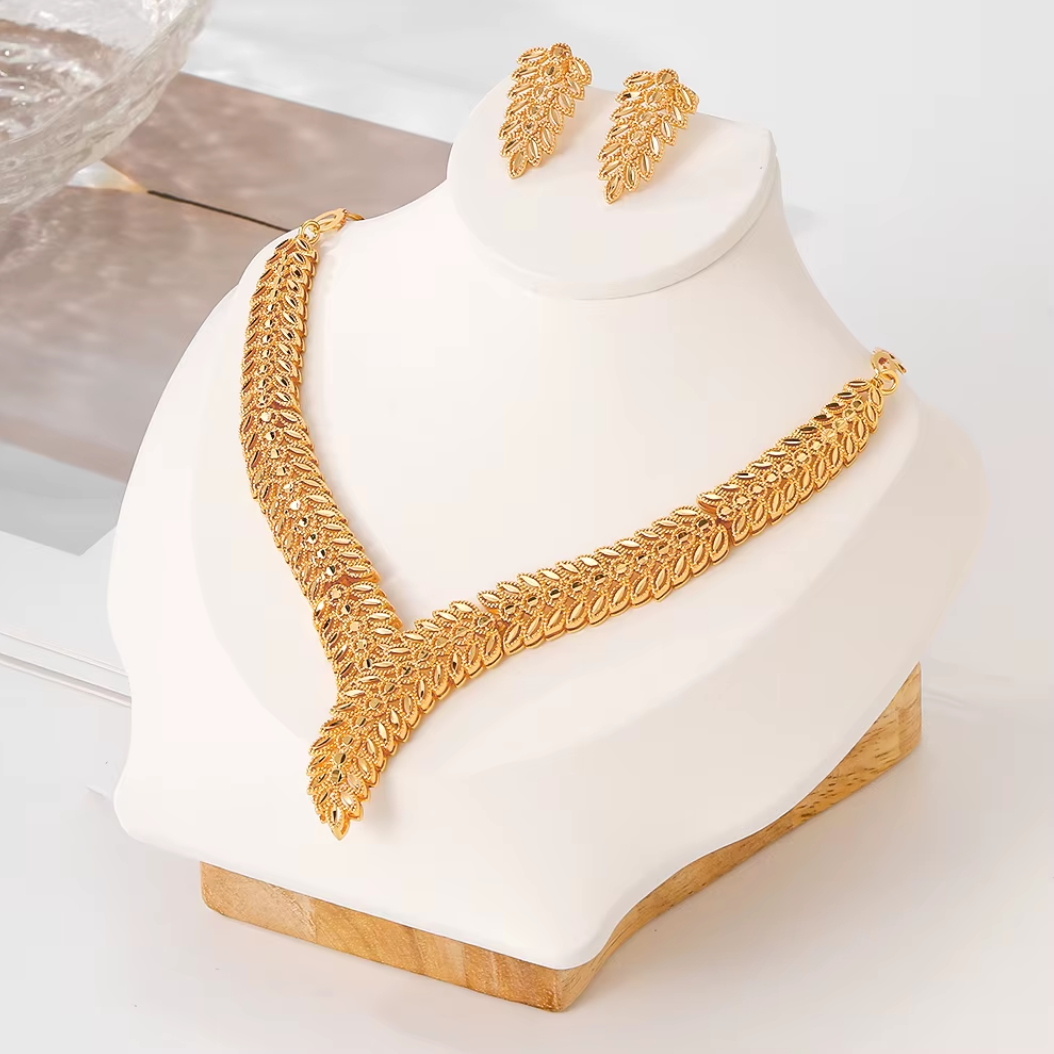 Classic Trendy Necklace & Earrings Set - 18k Gold Plated Brass Jewelry