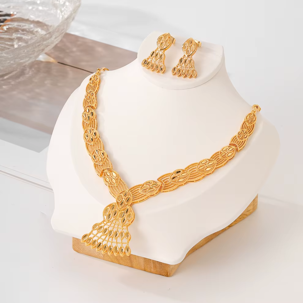Classic Trendy Necklace & Earrings Set - 18k Gold Plated Brass Jewelry