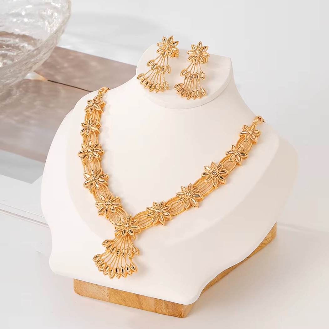 Classic Trendy Necklace & Earrings Set - 18k Gold Plated Brass Jewelry