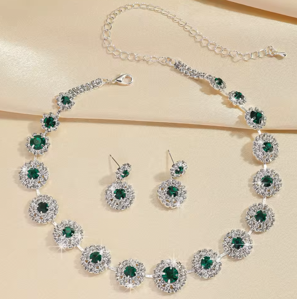 Elegant Zircon Crystal Necklace Earrings Set For Women - Gold Plated