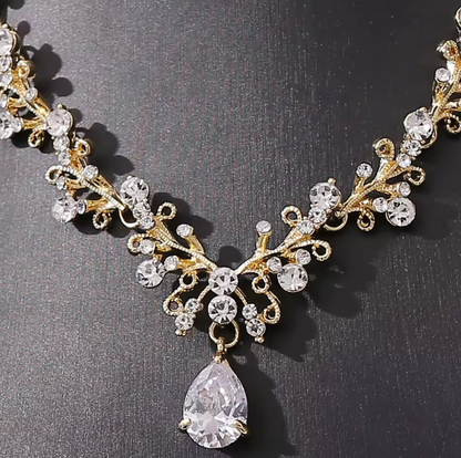 Korean Exquisite Water Drop Wedding Dress Bride Jewelry Zircon Necklace Earring Set