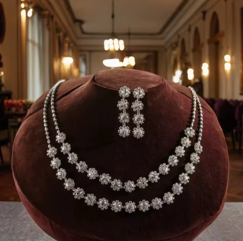 Classic Rhinestone Necklace & Earring Set For Women