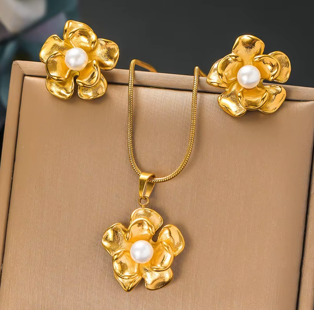 Flower, Butterfly, Pearl Necklace Earrings Sets for Women - 18k Gold Plated Stainless Steel