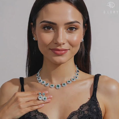 Elegant Zircon Crystal Necklace Earrings Set For Women - Gold Plated