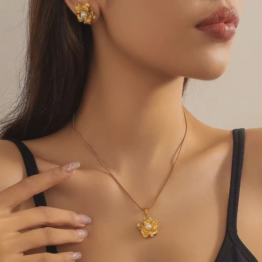 Flower, Butterfly, Pearl Necklace Earrings Sets for Women - 18k Gold Plated Stainless Steel