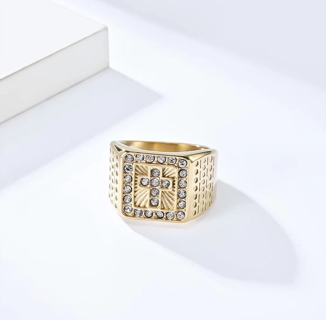 Retro Style Cross Design Ring For Men - 18K Gold Plated stainless Steel
